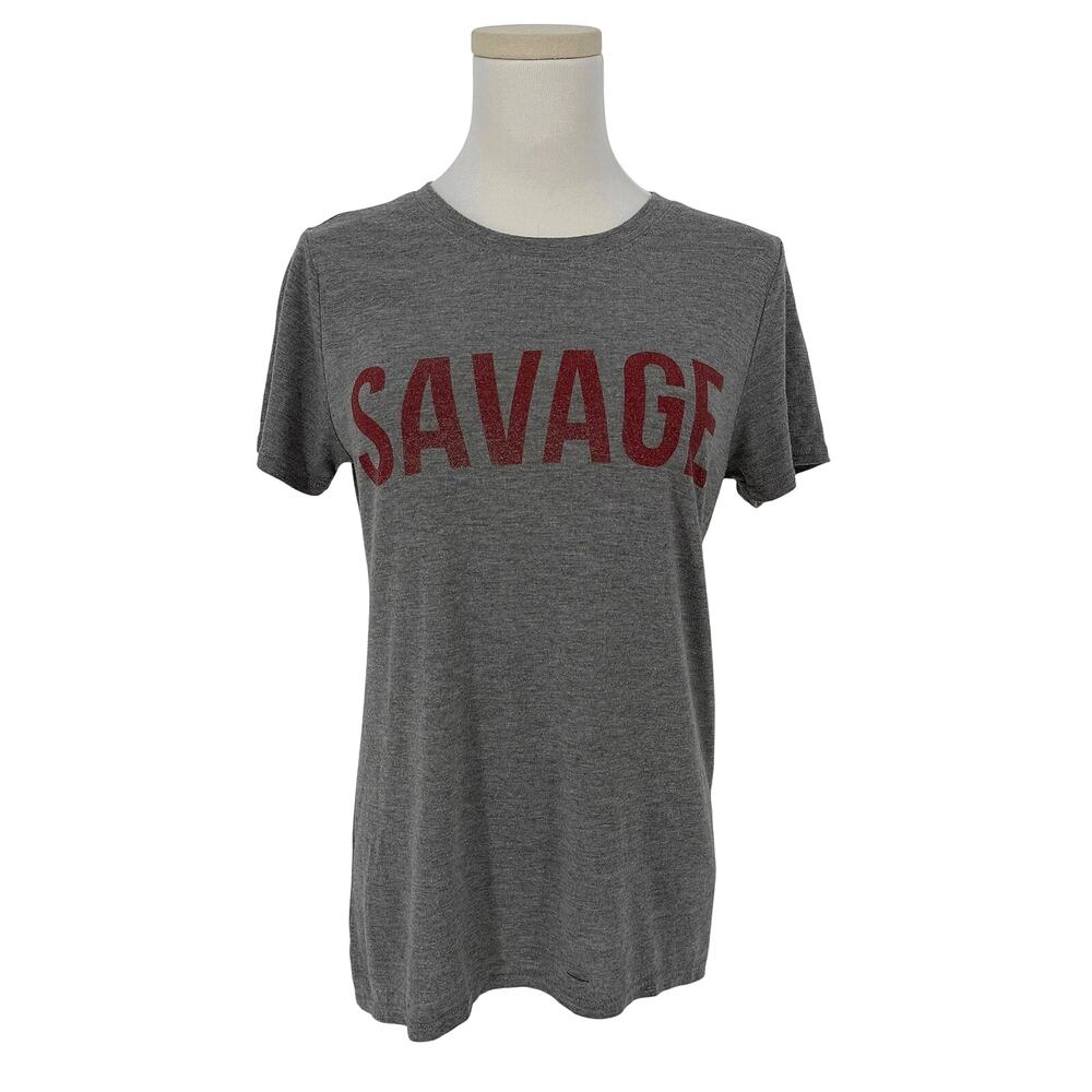 SAVAGE Graphic T-Shirt Women's m Heather Grey Casual Block Letter
